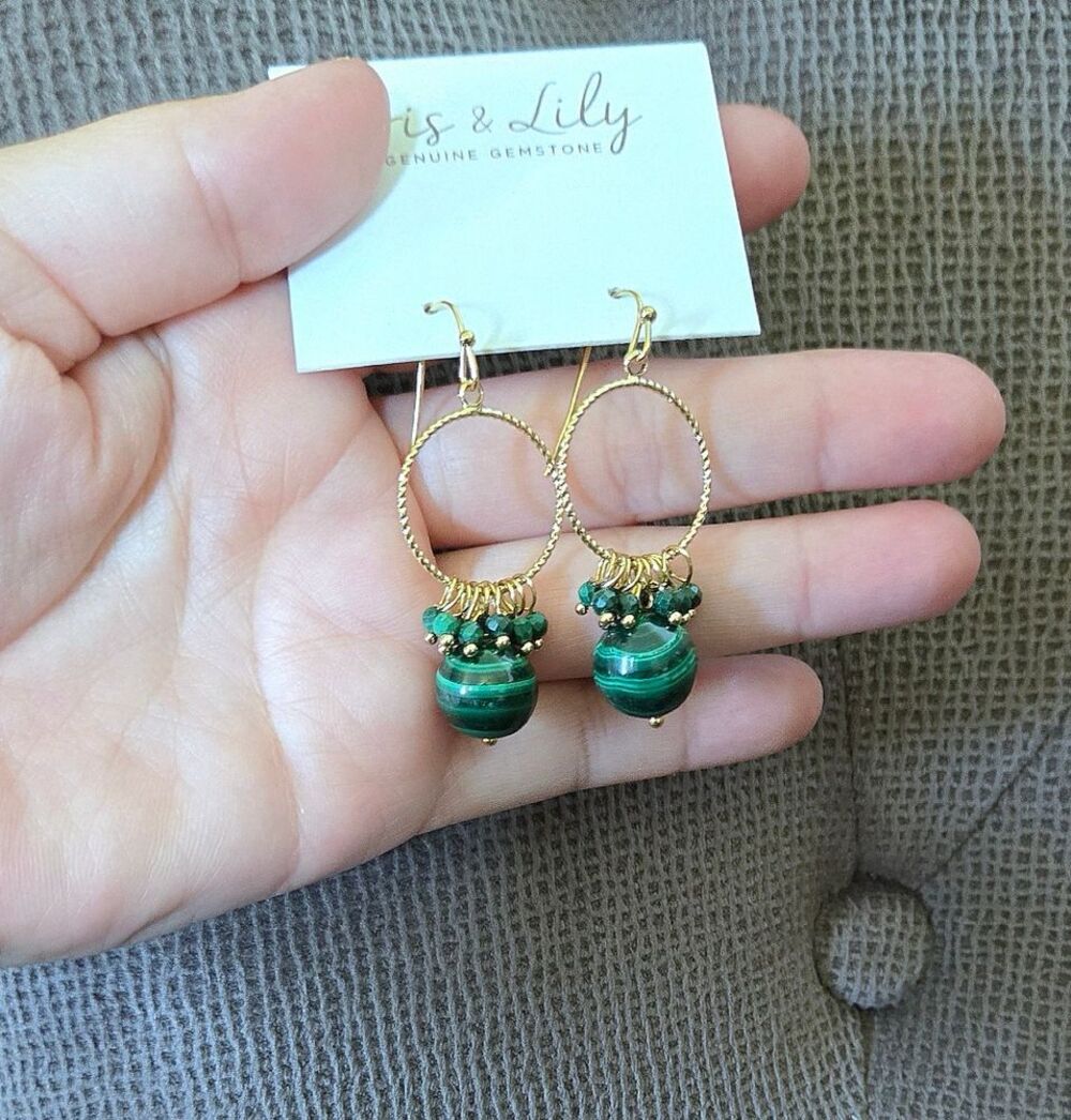 Iris & Lily Malachite💚 Cluster Dangle Earrings - Picture 10 of 15